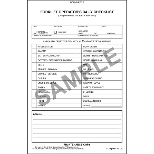 Forklift Operator Daily Checklist - Carbonless