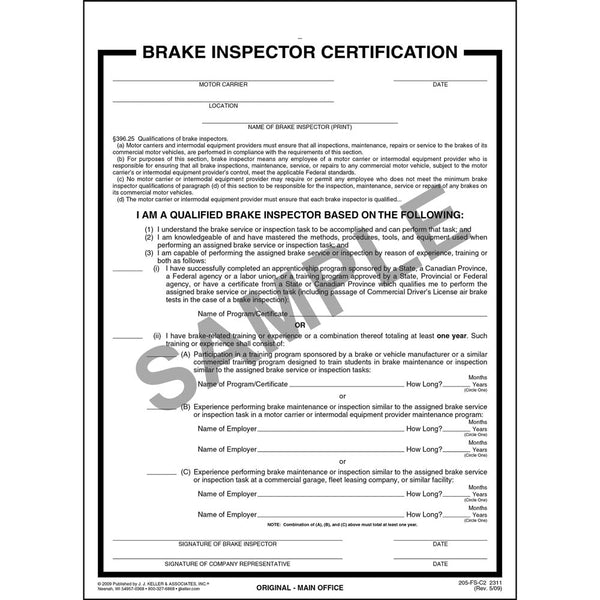 Brake Inspector Certification Form