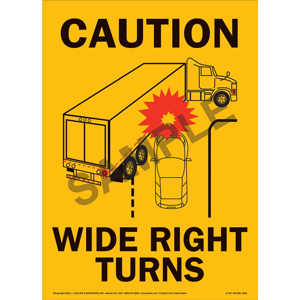 Transport Safety Sign - Caution Wide Turns (Yellow Vinyl w/ Large Graphic)