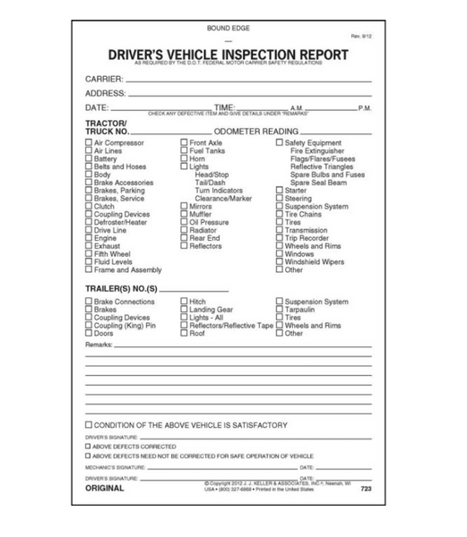 Detailed Driver's Vehicle Inspection Report, 3-Ply, w/Carbon, Black ...