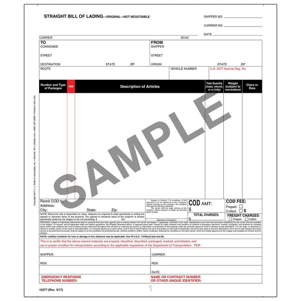 Straight Bill of Lading - Universal Form - Continuous, 4-Ply w/ Carbon