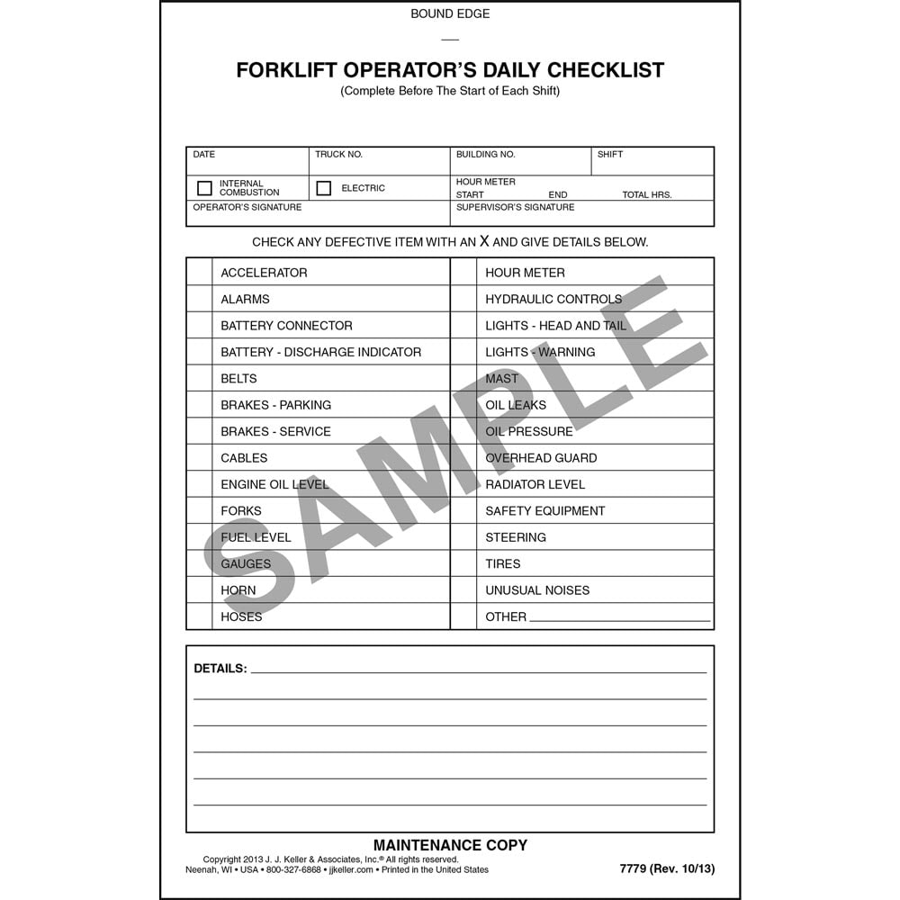Forklift Operator Daily Checklist - Book Format, Carbonless