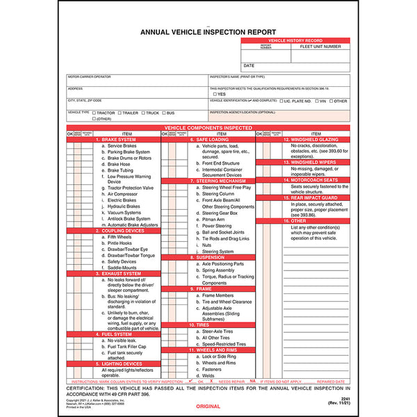 Annual Vehicle Inspection Report, 3-Ply w/ Carbon