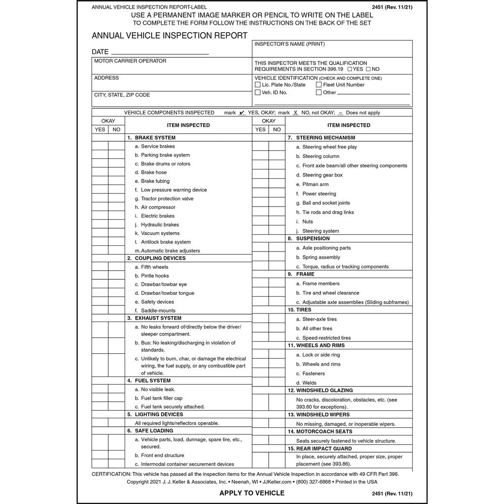 Annual Vehicle Inspection Report Label – Willamette Traffic Bureau LLC