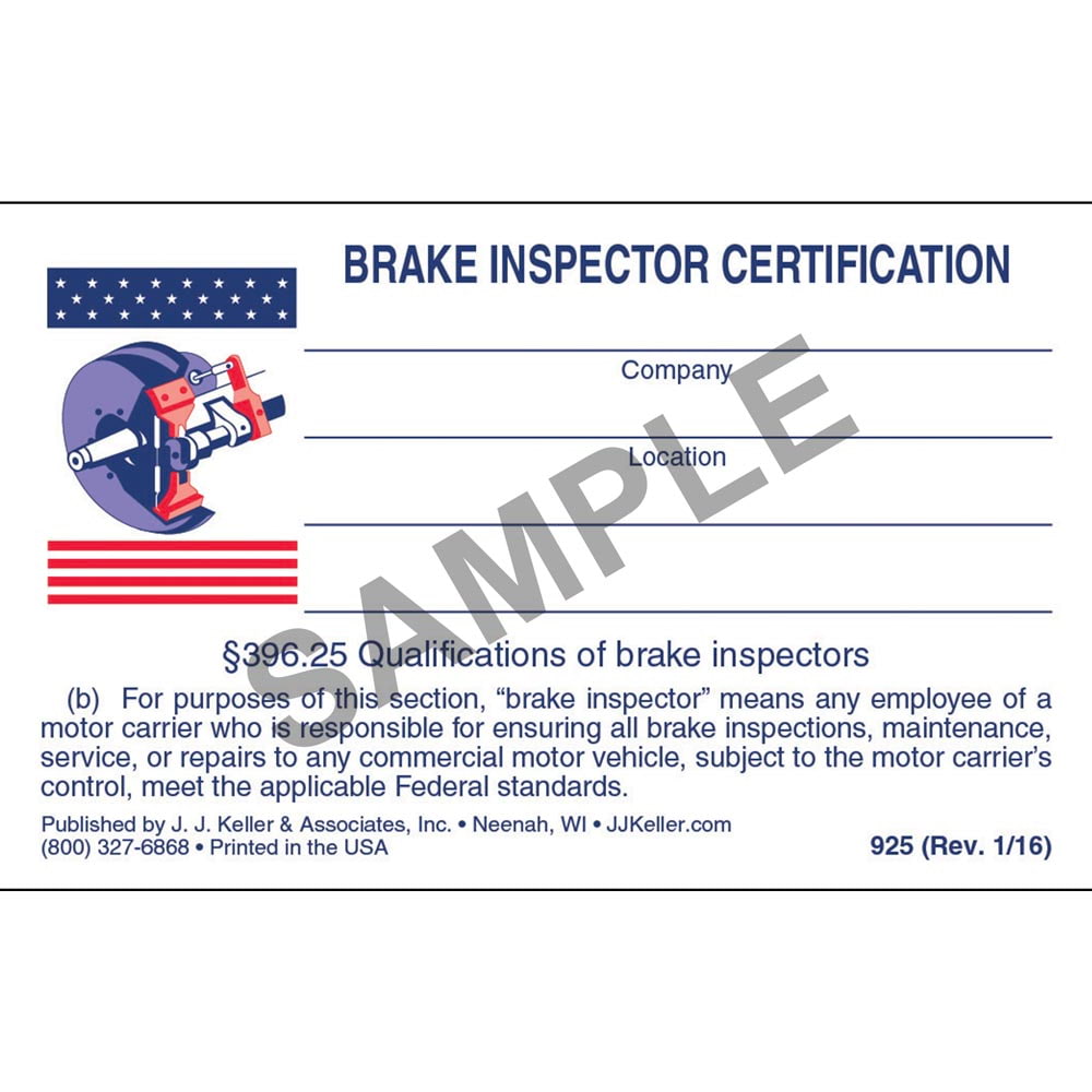Brake Inspector Certification Wallet Card Willamette Traffic Bureau LLC